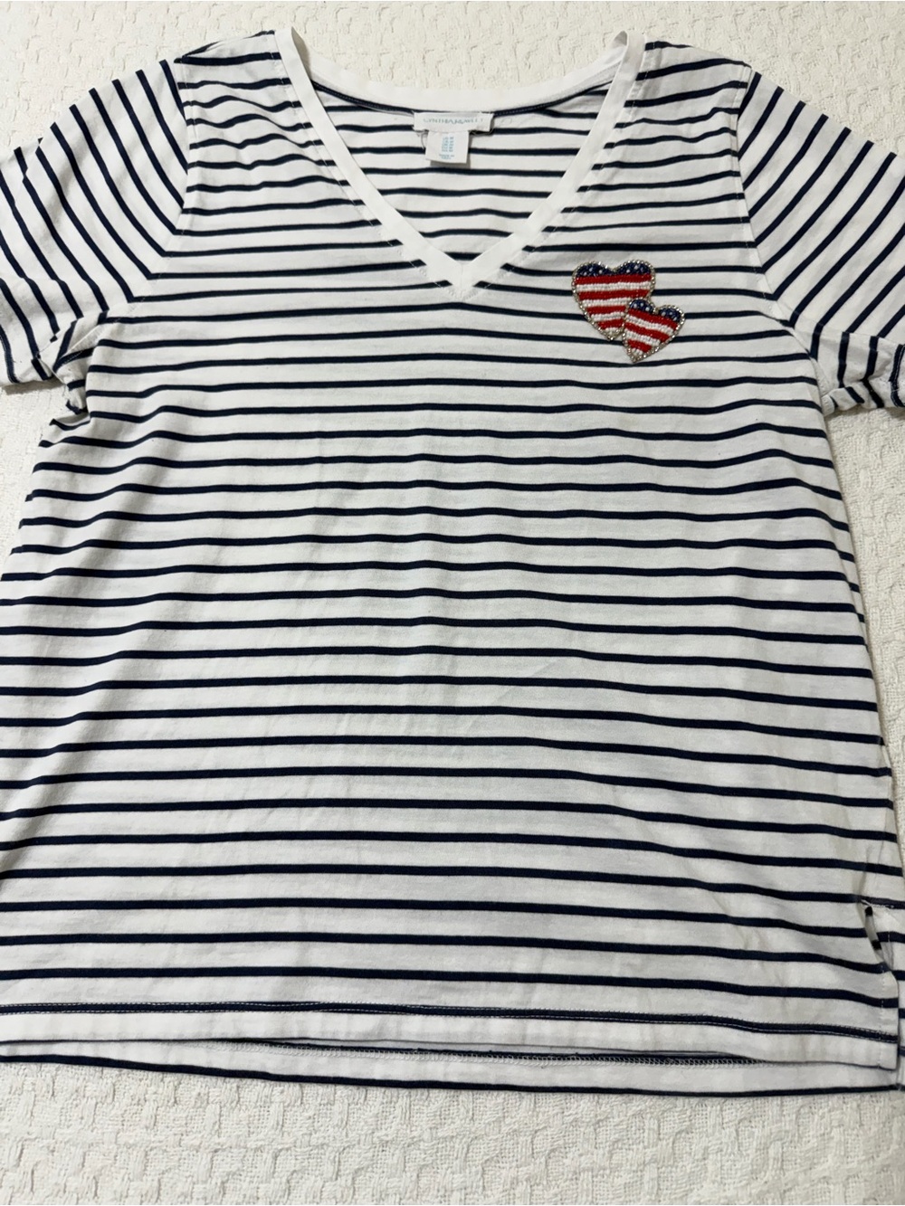 Cynthia Rowley White & Navy Striped V‑Neck Tee with Sequin Heart